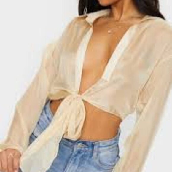 PRETTYLITTLETHING Organza Sheer Tie Front Blouse - Picture 1 of 8